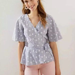 Loft Blue White Striped Swiss Dot Polka Dot Flutter Sleeve Wrap Top. Size MP